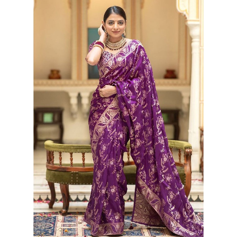 Purple Banarasi Silk Saree With Blouse Piece - JD986604956