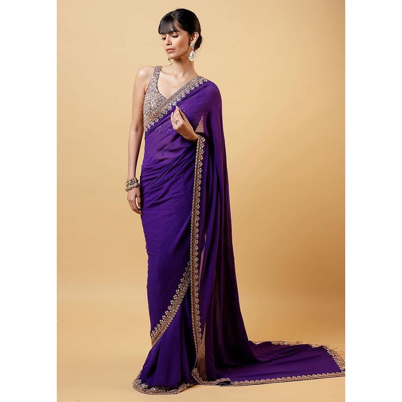 Purple Georgette Saree With Blouse Piece - JD986604944