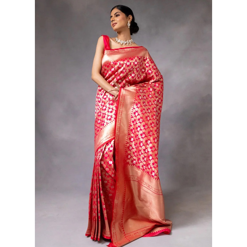 Red Banarasi Silk Saree With Blouse Piece - JD986604920