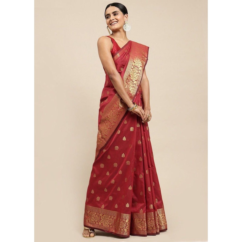 Red Banarasi Silk Saree With Blouse Piece - JD986604921