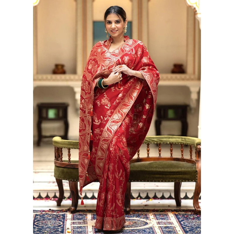 Red Banarasi Silk Saree With Blouse Piece - JD986604922