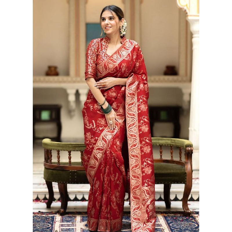 Red Banarasi Silk Saree With Blouse Piece - JD986604923