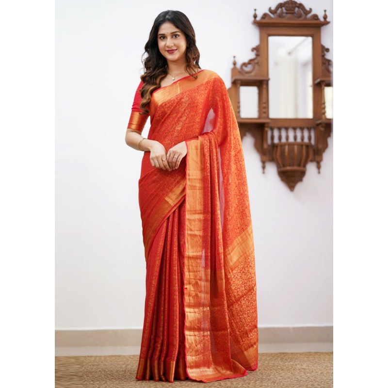 Red Banarasi Silk Saree With Blouse Piece - JD986604924