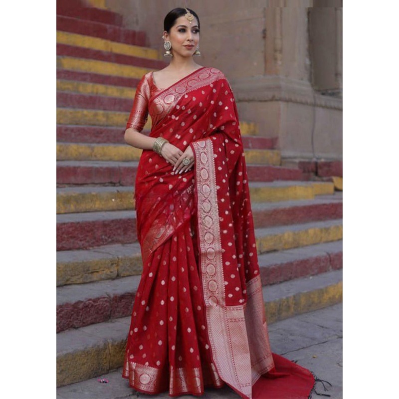 Red Banarasi Silk Saree With Blouse Piece - JD986604925
