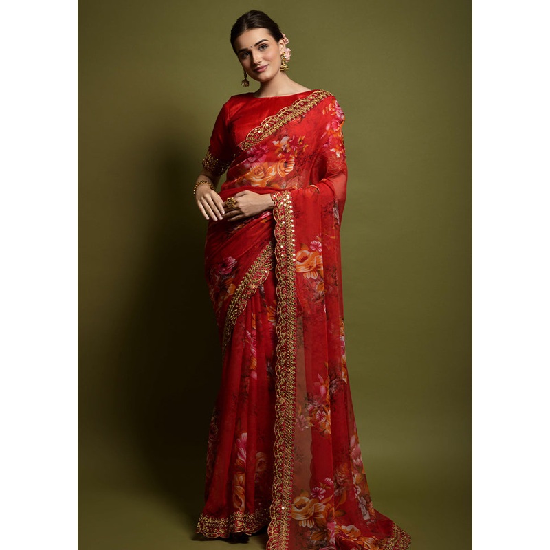 Red Chiffon Silk Saree With Blouse Piece - JD986604919
