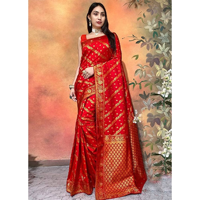 Red Dupion Silk Saree With Blouse Piece - JD986604918