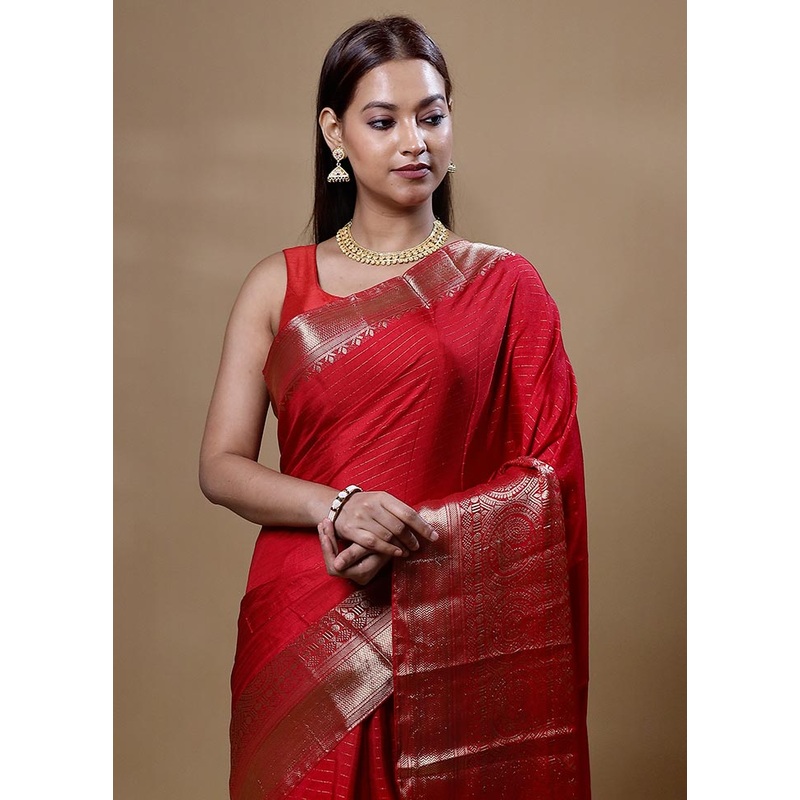 Red Dupion Silk Saree With Blouse Piece - JD986605060