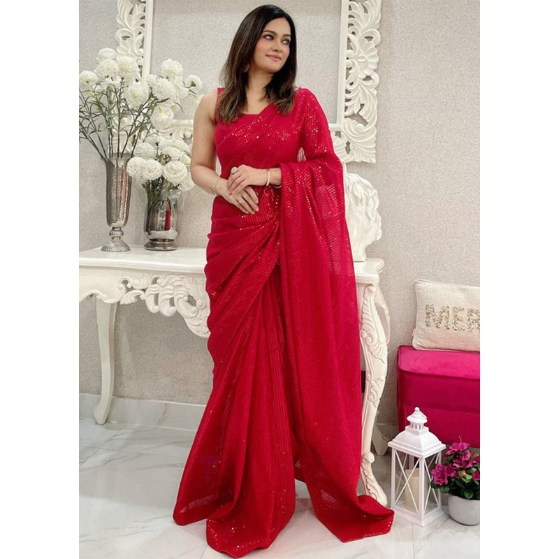Red Georgette Saree With Blouse Piece - JD986604916