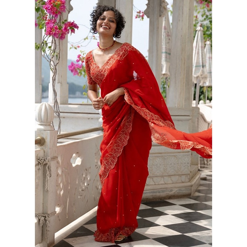 Red Organza Saree With Blouse Piece - JD986604915