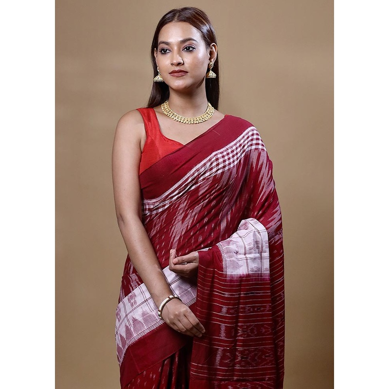 Red Pure Cotton Saree With Blouse Piece - JD986605057