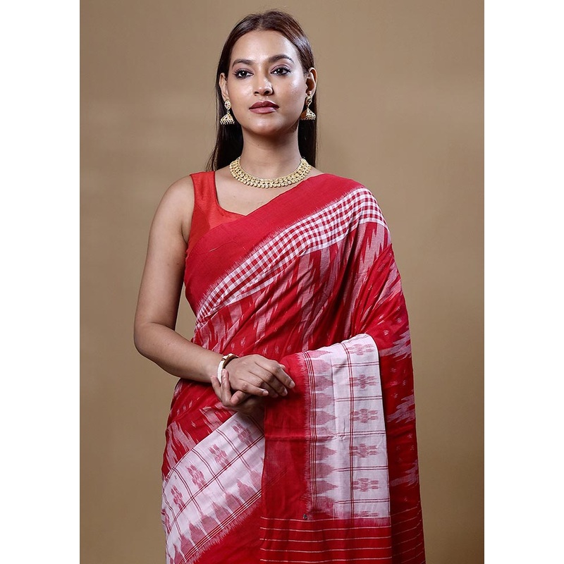 Red Pure Cotton Saree With Blouse Piece - JD986605058