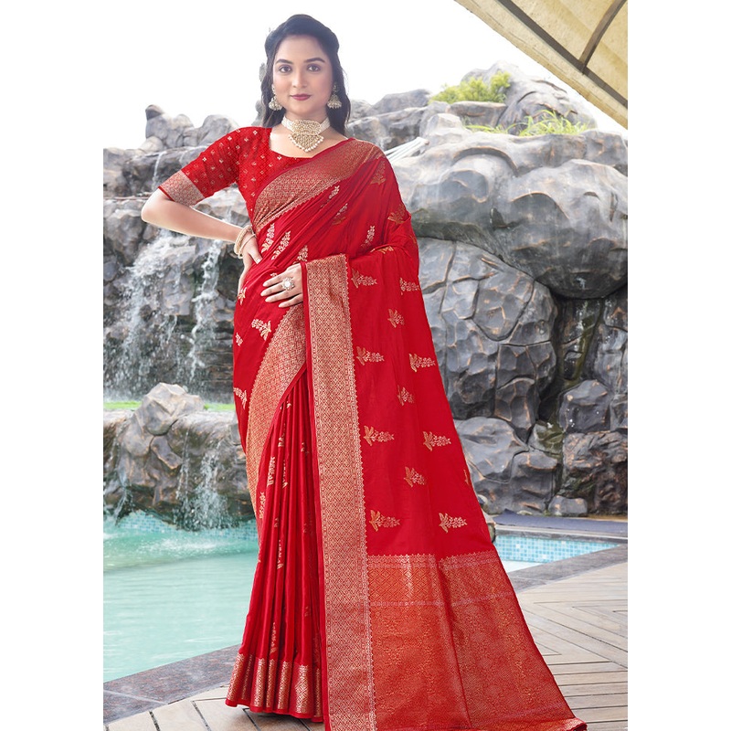 Red Satin Silk Saree With Blouse Piece - JD986604914