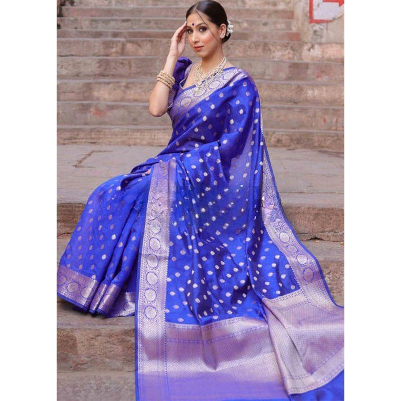 Royal Blue Banarasi Silk Saree With Blouse Piece - JD986604910