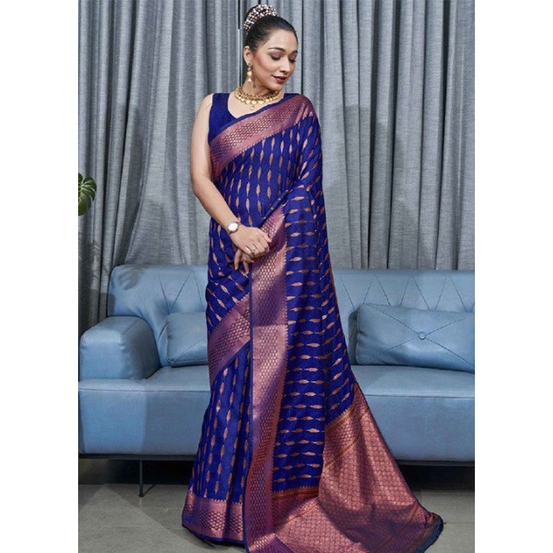 Royal Blue Banarasi Silk Saree With Blouse Piece - JD986604911