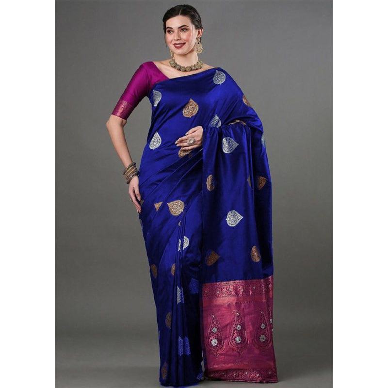 Royal Blue Banarasi Silk Saree With Blouse Piece - JD986604913