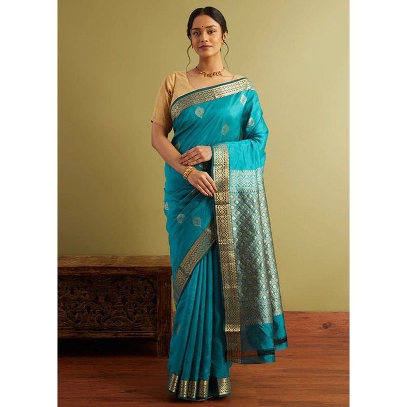 Sky Blue Banarasi Silk Saree With Blouse Piece - JD986604907