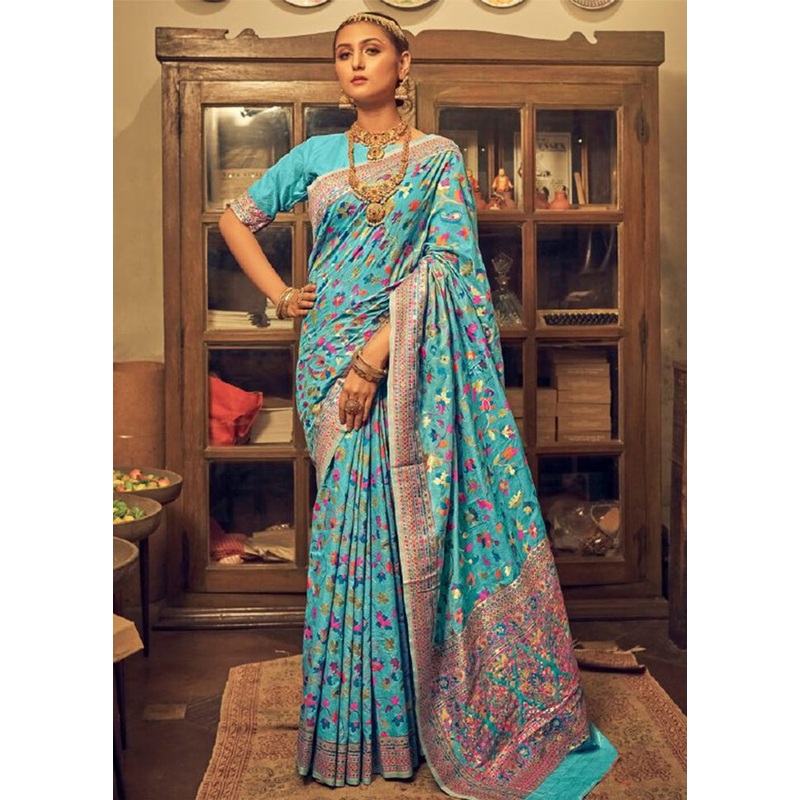 Sky Blue Banarasi Silk Saree With Blouse Piece - JD986604908