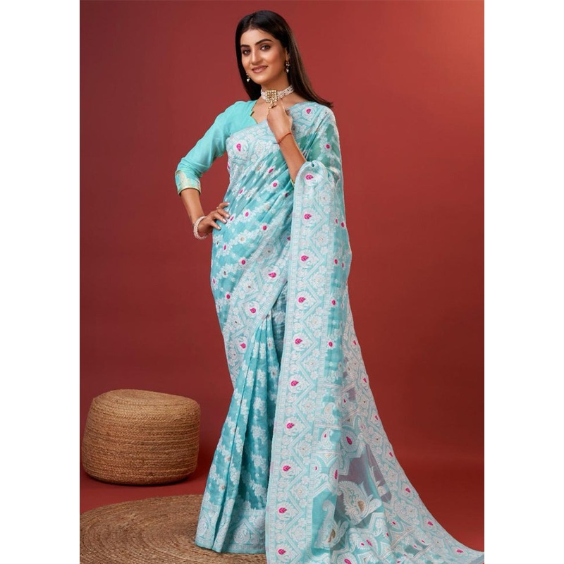 Sky Blue Cotton Saree With Blouse Piece - JD986604906