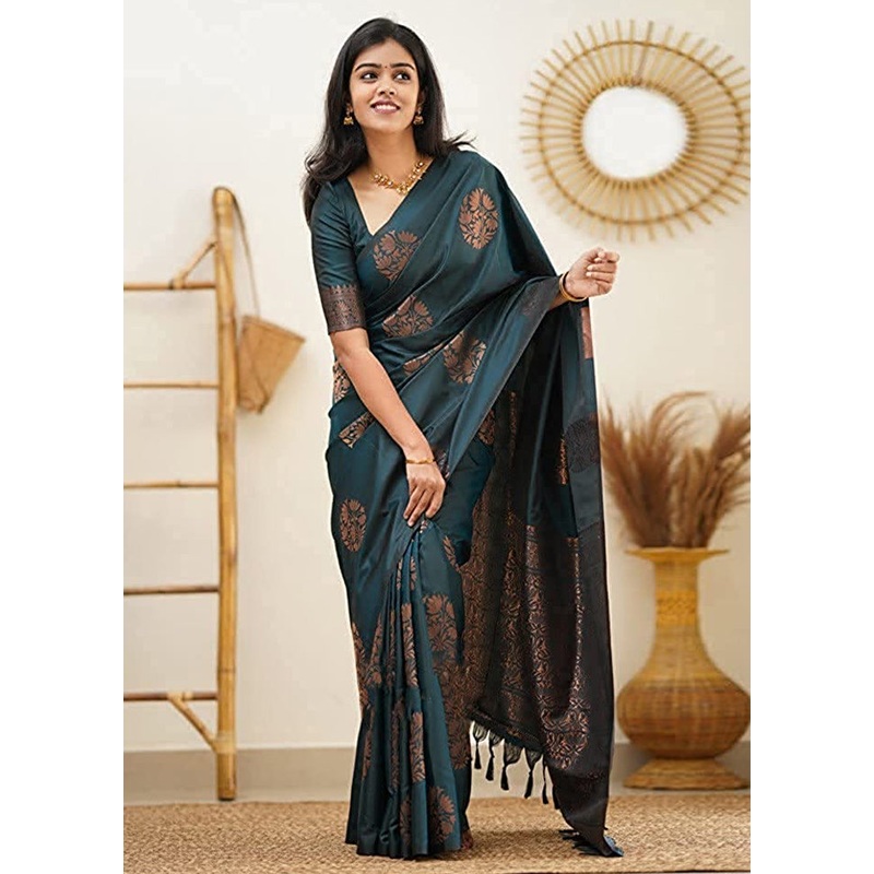 Teal Banarasi Silk Saree With Blouse Piece - JD986604903