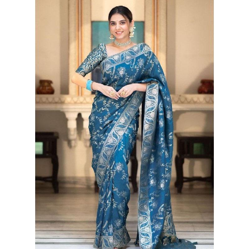 Teal Banarasi Silk Saree With Blouse Piece - JD986604904