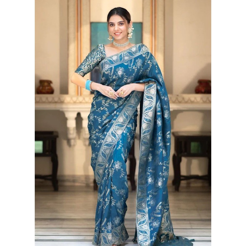 Teal Blue Banarasi Silk Saree With Blouse Piece - JD986604902