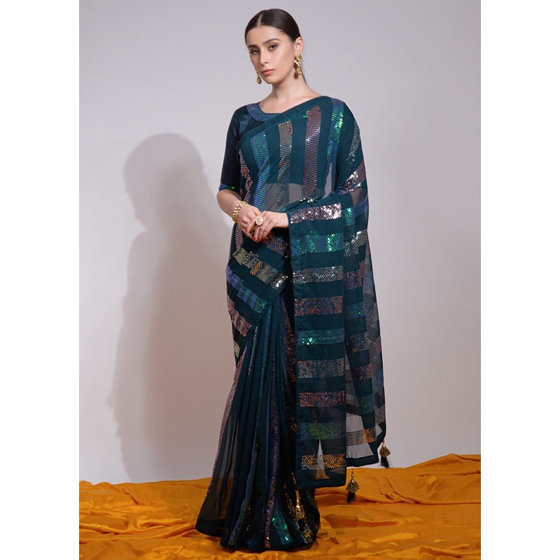 Teal Georgette Saree With Blouse Piece - JD986604898