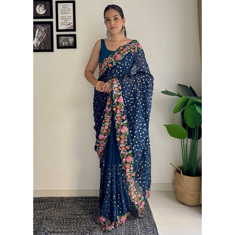 Teal Georgette Saree With Blouse Piece - JD986604899