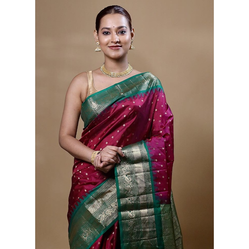 Violet Handloom Kanchipuram Pure Silk Saree With Blouse Piece - JD986605056
