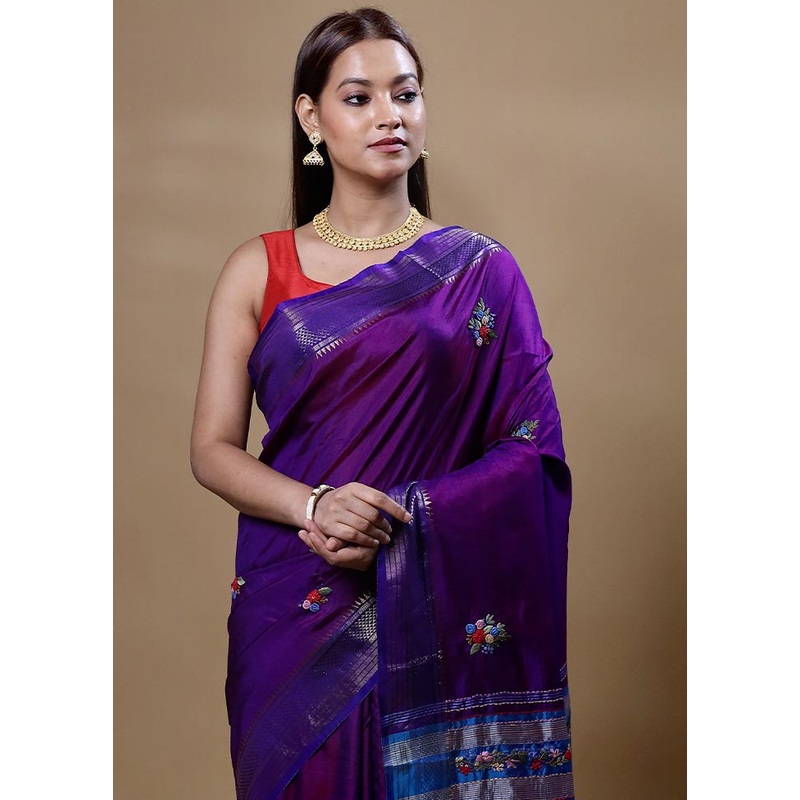 Violet Handloom Tussar Pure Silk Saree With Blouse Piece - JD986605055