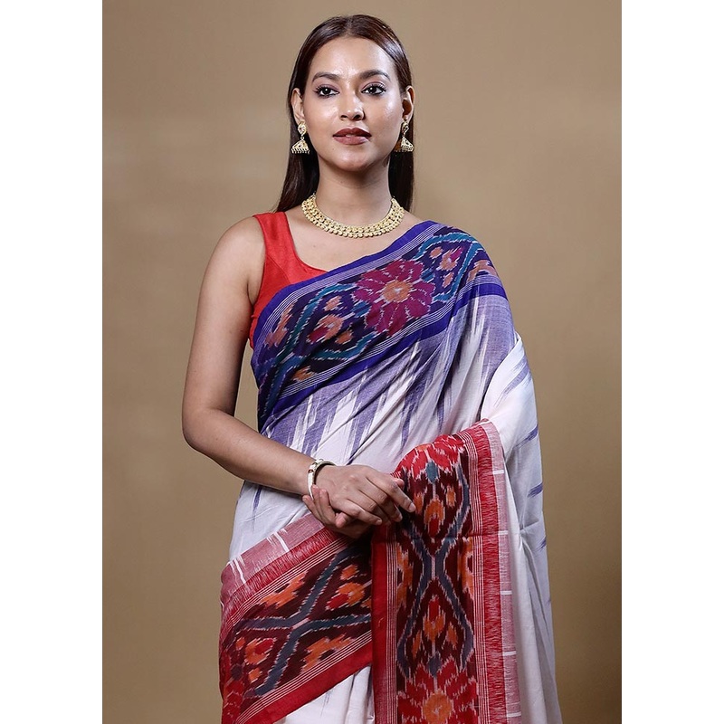 White Cotton Saree With Blouse Piece - JD986605052