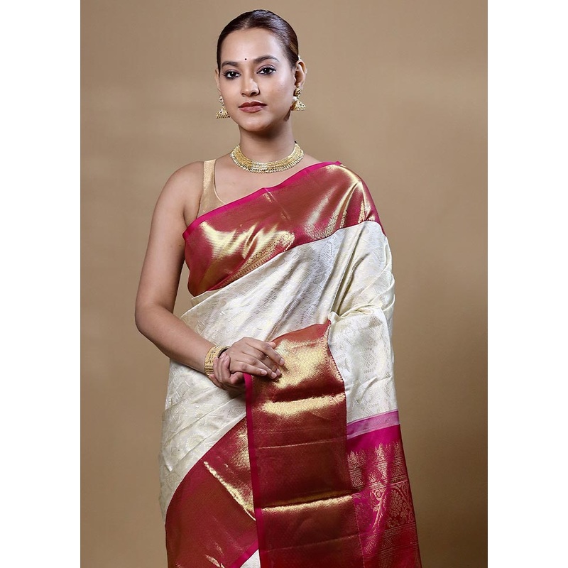 White Handloom Kanchipuram Pure Silk Saree With Blouse Piece - JD986605050