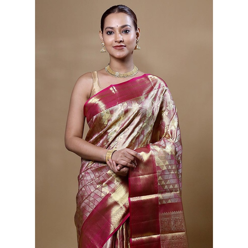 White Handloom Kanchipuram Pure Silk Saree With Blouse Piece - JD986605051