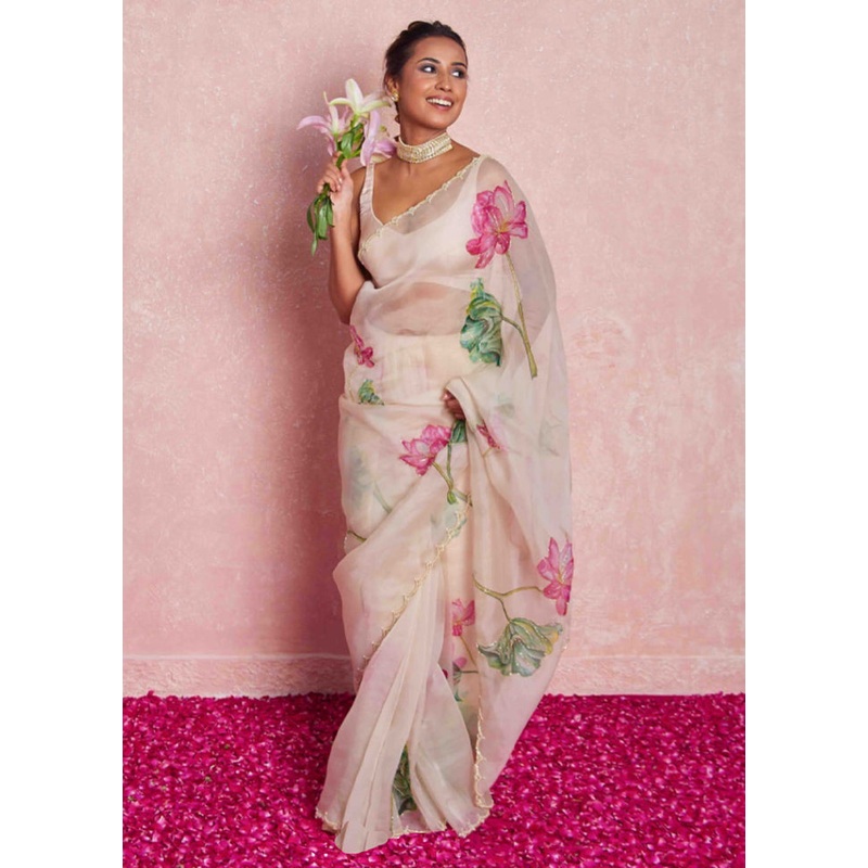 White Organza Saree With Blouse Piece - JD986604894