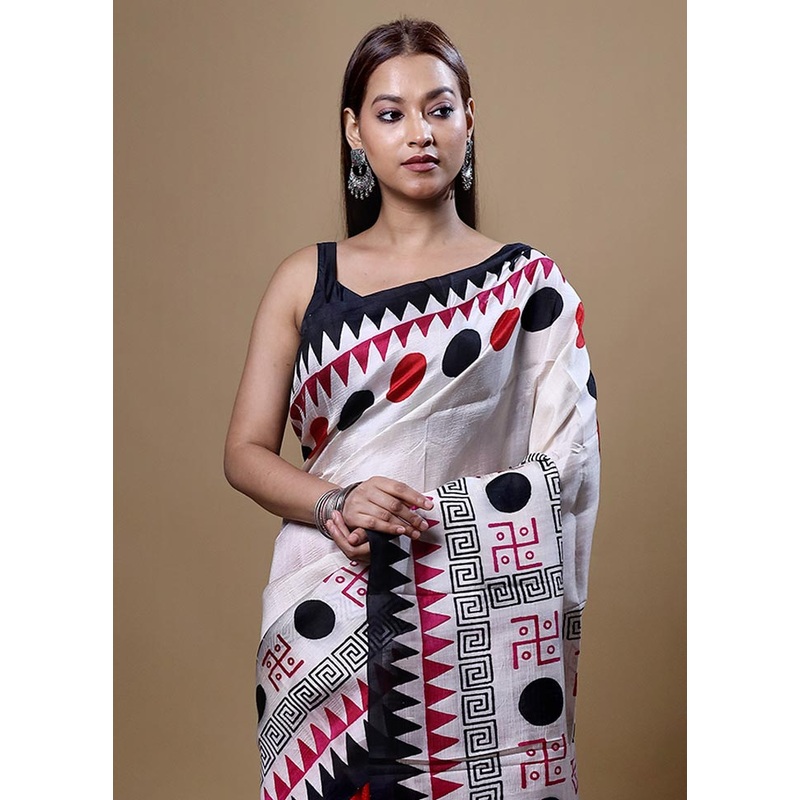 White Printed Pure Silk Saree Without Blouse Piece - JD986605048