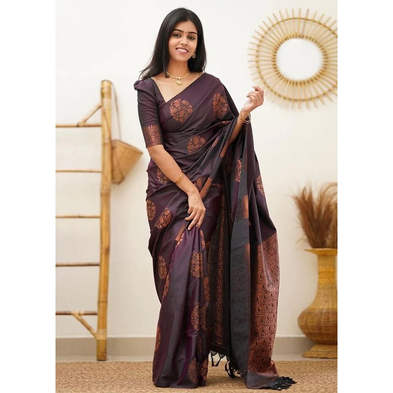 Wine Banarasi Silk Saree With Blouse Piece - JD986604887