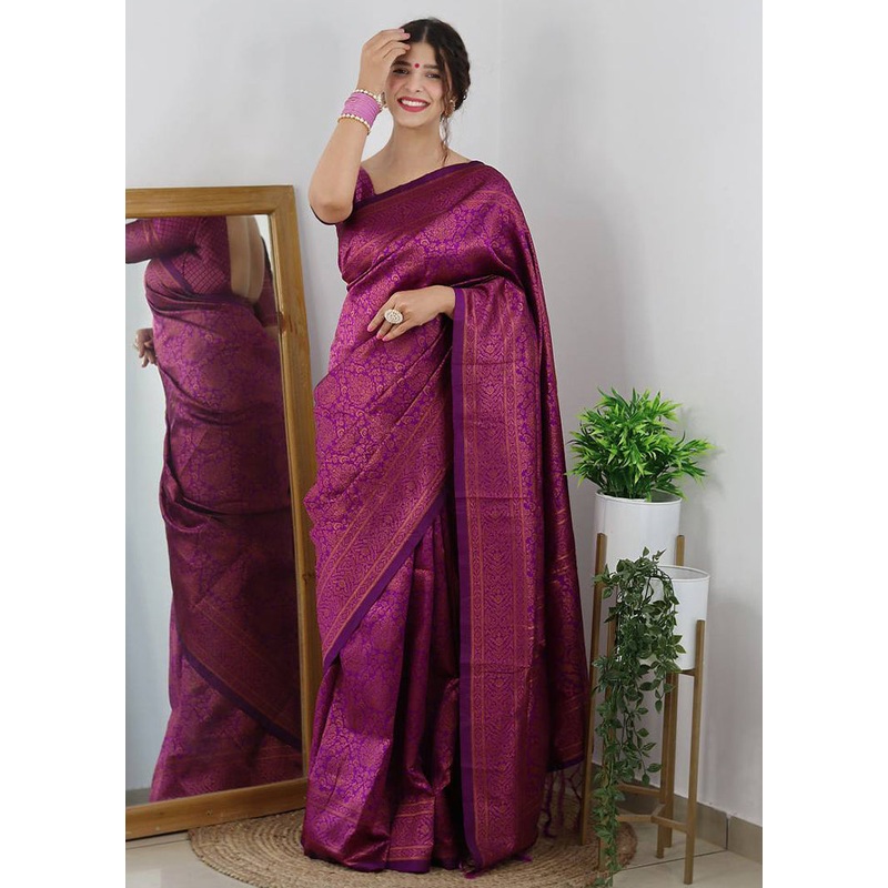 Wine Banarasi Silk Saree With Blouse Piece - JD986604888