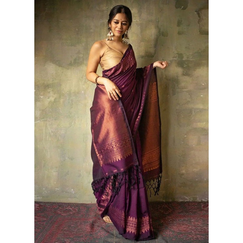 Wine Banarasi Silk Saree With Blouse Piece - JD986604889