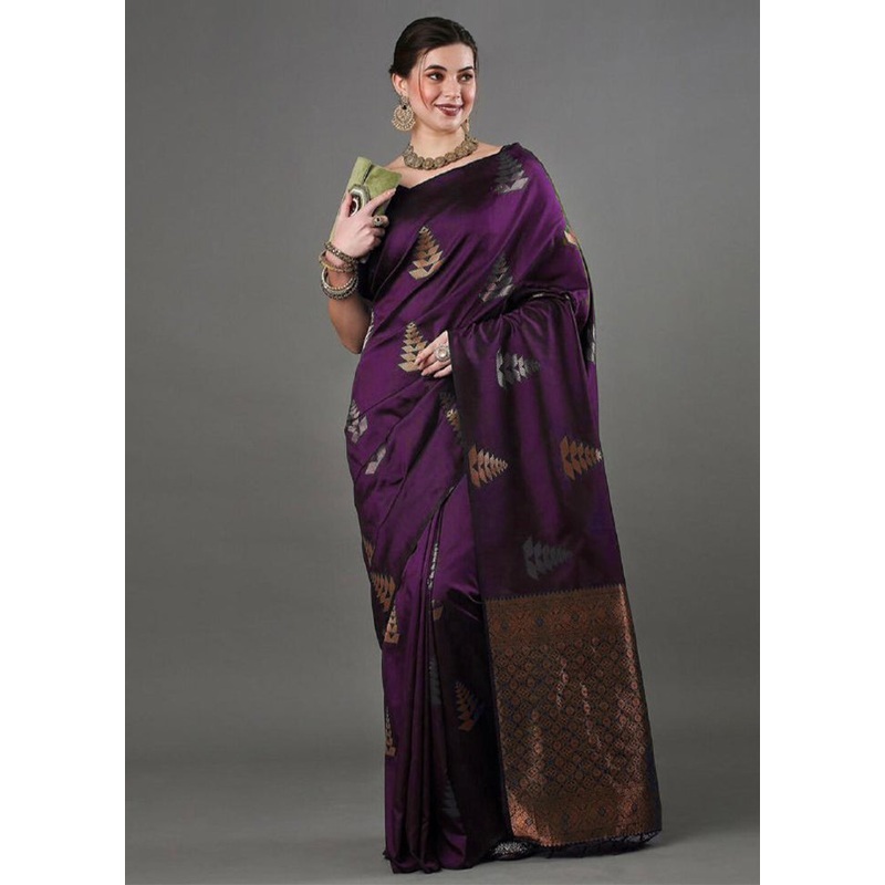 Wine Banarasi Silk Saree With Blouse Piece - JD986604892