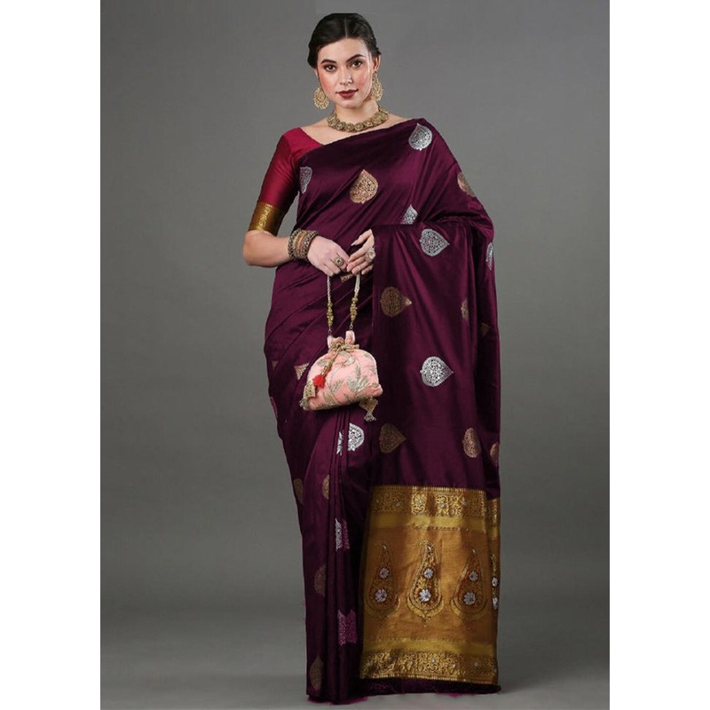 Wine Banarasi Silk Saree With Blouse Piece - JD986604893