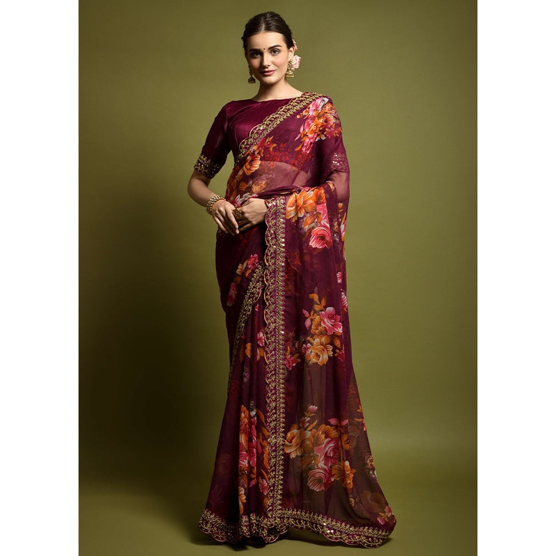 Wine Chiffon Silk Saree With Blouse Piece - JD986604886