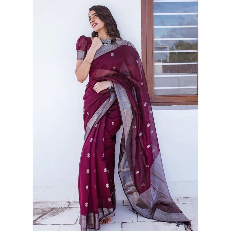 Wine Cotton Saree With Blouse Piece - JD986604885