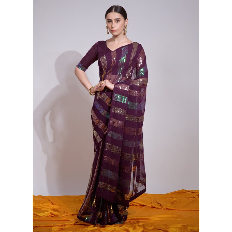 Wine Georgette Saree With Blouse Piece - JD986604881