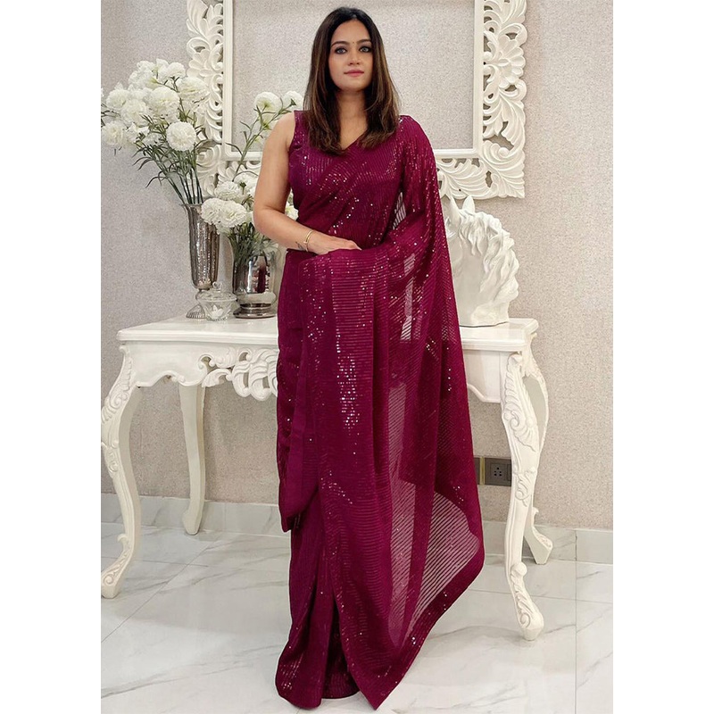 Wine Georgette Saree With Blouse Piece - JD986604882