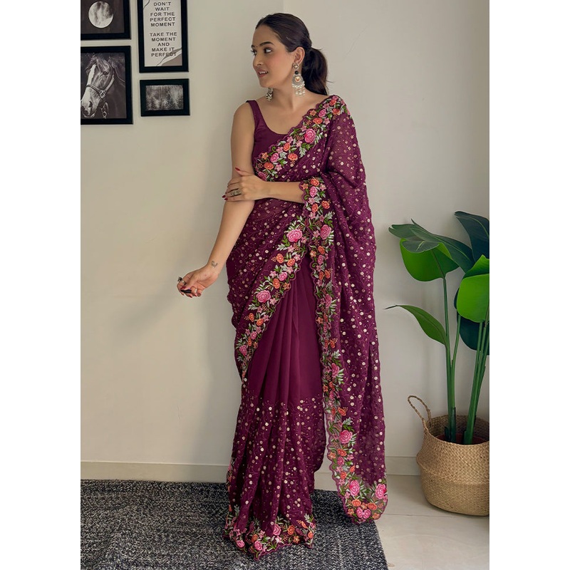 Wine Georgette Saree With Blouse Piece - JD986604883