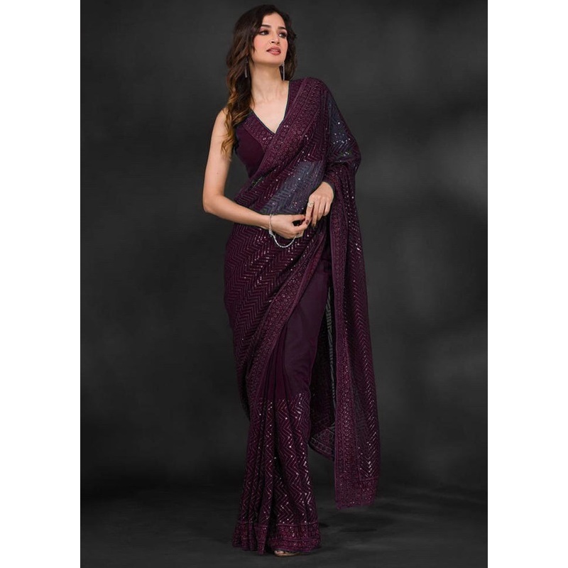 Wine Georgette Saree With Blouse Piece - JD986604884