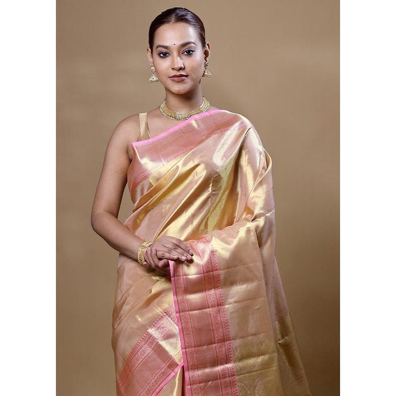 Yellow Handloom Kanchipuram Pure Silk Saree With Blouse Piece - JD986605046