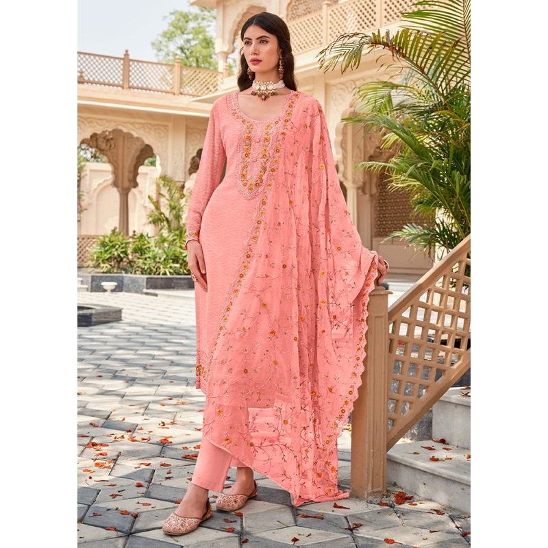 3 Pc Baby Pink Semi Stitched Georgette Suit Set - JD986604819