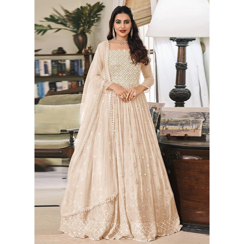 3 Pc Beige Semi Stitched Georgette Suit Set - JD986604762