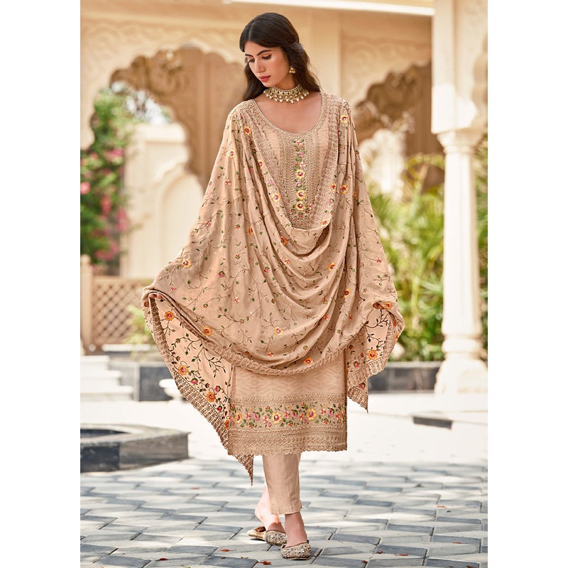 3 Pc Beige Semi Stitched Georgette Suit Set - JD986604818