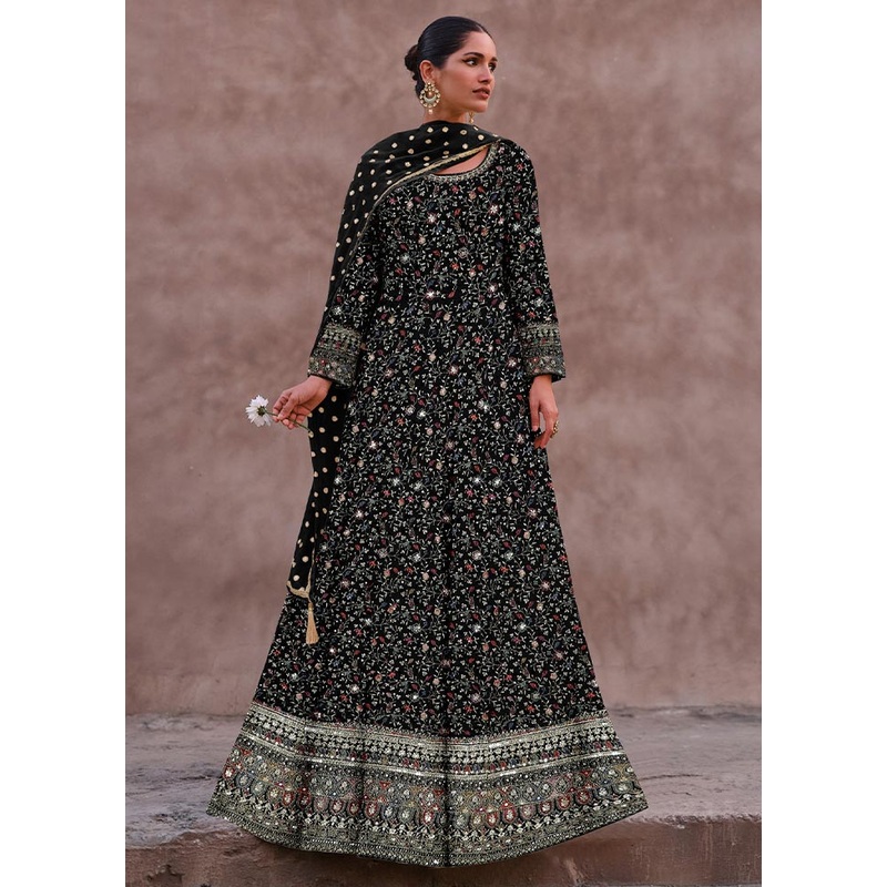 3 Pc Black Semi Stitched Georgette Suit Set - JD986604758